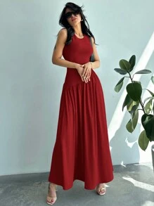 Firerie Váy Maxi Chữ A Không Tay Xếp Ly Cho Nữ, Đơn Giản, Thường Ngày - Đỏ - Xem 6