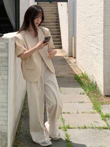 DAZY Women's Plain V-Neck Short Sleeve Casual Blazer Jacket, Spring/Summer Business Attire - Apricot - View 3