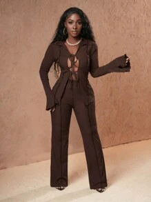 Slaydiva 2 Pieces Set Tie Front Shirt With Bow & Solid Flared Knit Pants - Brown - View 5