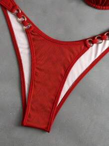 SHEIN Swim Springbreak Women 2pcs Solid Color Ribbed Racerback Wireless Bandeau Bikini Set With Cheeky Bottoms, Summer Beach Vacation Festival Boho - Red - View 5