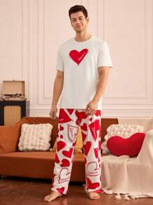 Notgurli Men's Pajama Set With Heart Pattern T-Shirt And Long Pants, For Christmas - Red and White - View 5