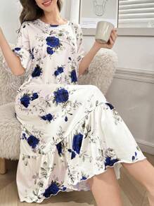 Ruffle Hem Floral Print Long Nightgown - Multicolor - View 1