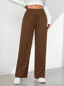 SHEIN PETITE Summer Casual Textured Wide-Leg Capri Pants - Brown - View 8