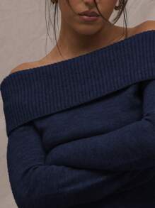 MUSERA Knitted Fold Over Jumper Spring Casual Brunch Summer Airport Cute Comfy Holiday - Navy Blue - View 5