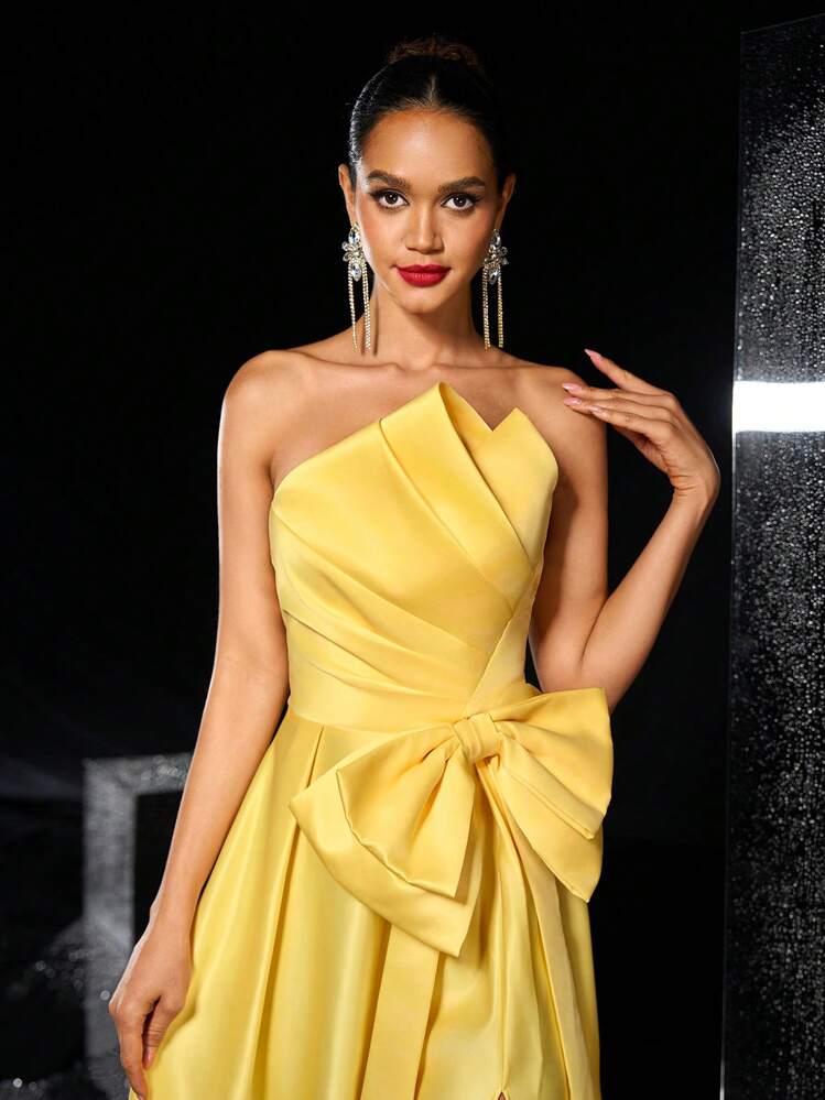 Glamrae Vestido de Convidado de Casamento Elegante e Romântico de Verão em Cetim Amarelo com Laço Grande Plissado, Fenda Alta, Adequado para Jantar, Festa de Formatura, Encontro, Baile de Formatura, Casamento, Evento da Noite, Vestido Formal, Vestido Longo, para o Dia dos Namorados - Amarelo - Visão 3