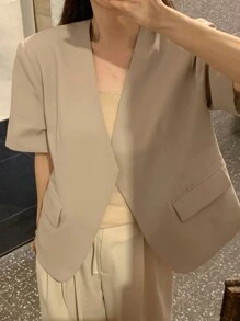 DAZY Women's Plain V-Neck Short Sleeve Casual Blazer Jacket, Spring/Summer Business Attire - Apricot - View 7
