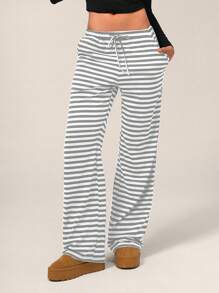 Forever 21 秋冬款松紧腰抽绳宽松休闲居家长款条纹针织裤 - 灰色 - 查看 4