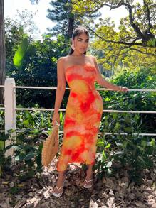 SHEIN SXY Damska sukienka typu gorset z nadrukiem tie-dye, dopasowana, tuba, stroje wakacyjne dla kobiet, letnie stroje dla kobiet, stroje plażowe dla kobiet, ubrania wiosenne, stroje na wakacje na plaży, stroje na rejs