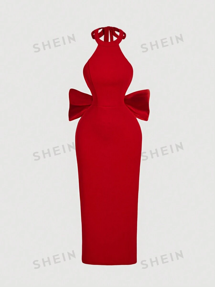 SHEIN MOD Vestido de mujer con escote halter y lazo en la espalda en color rojo, vestido elegante y clásico para el Día de San Valentín, vestido de cumpleaños para mujeres, atuendo sexy para club, vestido para invitada de boda, vestido para cita nocturna