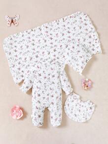Newborn Baby Girls Cute Ditsy Floral Long Sleeve Romper With Ruffles & Hat, Bib, Swaddle Blanket 5 Pieces Set, Comfortable Infant Clothing Set - Multicolor - View 3
