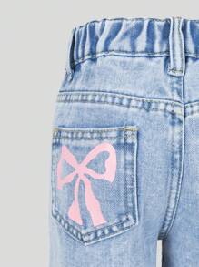 Young Girls' Light Blue Cute Pink Bow Print Elastic Waist Casual Wide Leg Washed Denim Pants Summer Holiday