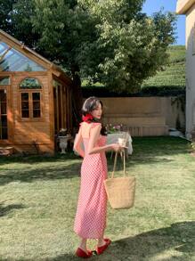 DAZY 女士 V 领荷叶边格子中长休闲连衣裙、挤奶女工连衣裙 - 紅色 - 查看 4