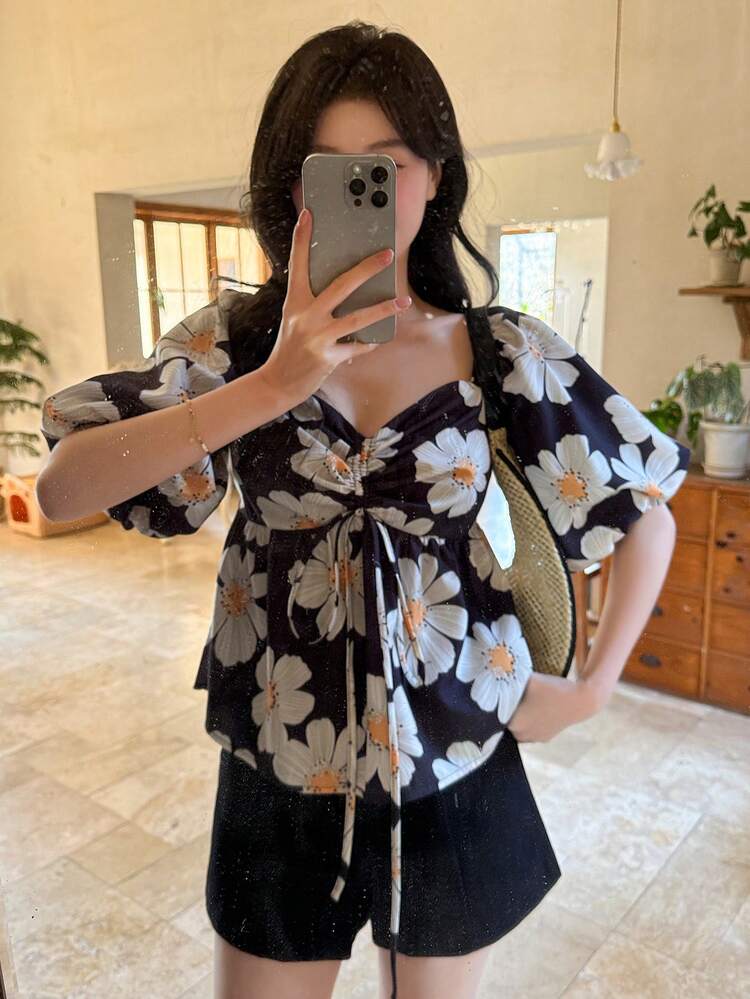 Women Floral Print Short Sleeve Casual Top Vacation Women