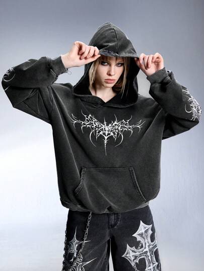 ★韓国人気★LOOKPLE★LOOK BLAKE CHICAGO NAPPING SWEATSHIRT Our Grunge Punk Y3k Street Cybersigilism Print Drawstring