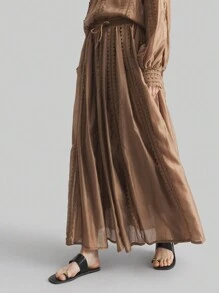 Ontre 女士 2 件套撞色蕾丝 V 领宽松长袖衬衫和长裙度假套装波西米亚风