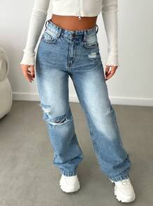 EURMUSE Women's Loose Fit Ripped Pockets Straight Leg Casual Jeans - Light Wash - View 6