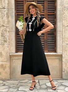 Chiquease Vestido de unicolor con cuello mao, volantes en el bajo y contraste de color, estilo chino moderno para mujer - Negro - Ver 1