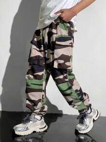 Tween Boy Casual Versatile Comfortable Street Camo Printed Pattern Applique Pockets Drawstring Loose Woven Pants, Suitable For School, Garden, Beach, Birthday, Spring/Summer/Fall/Winter Seasons - Multicolor - View 6