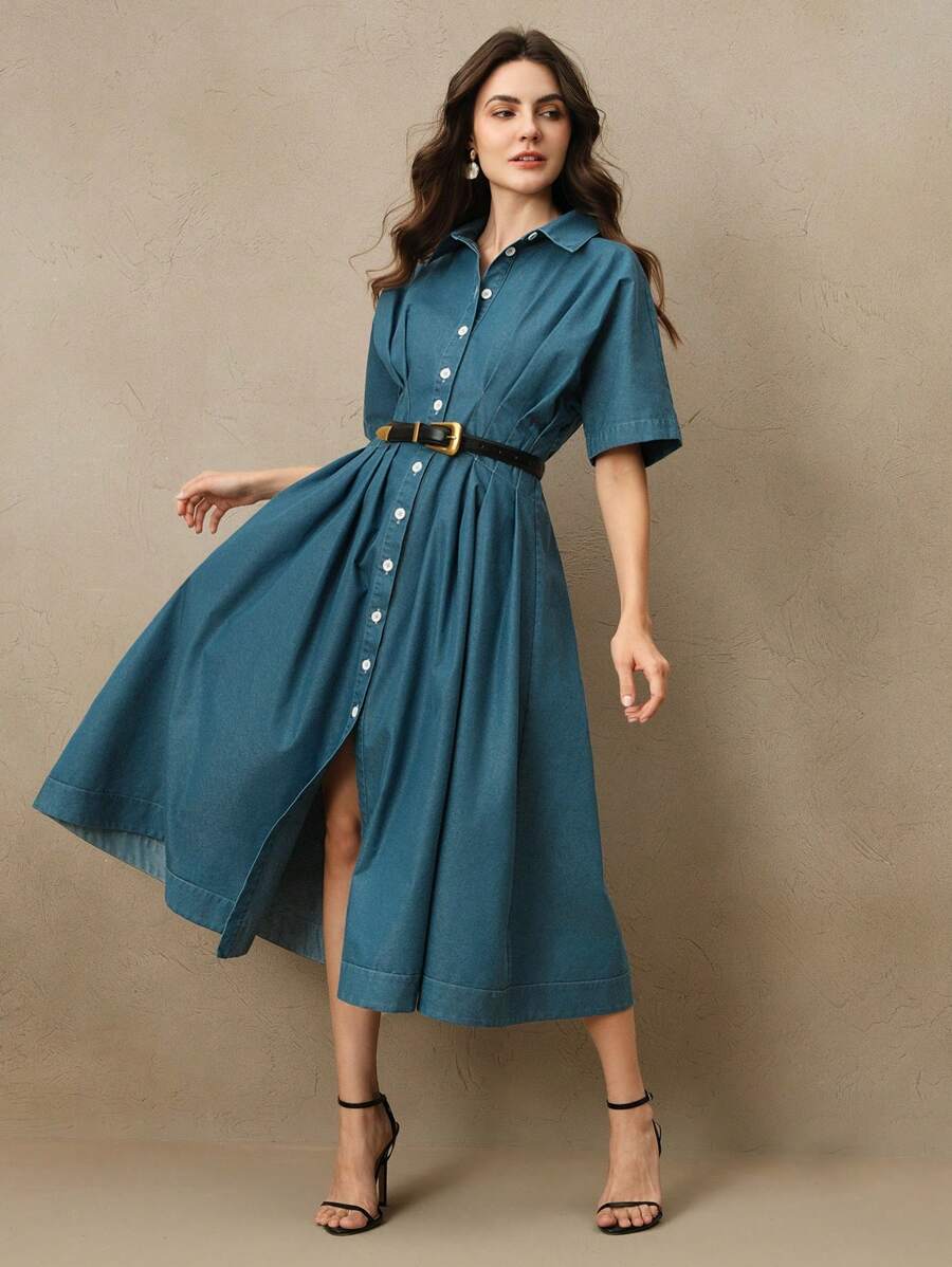 Anewsta 女士牛仔蓝色收腰喇叭形 A 字长衬衫裙，春夏季别致风格