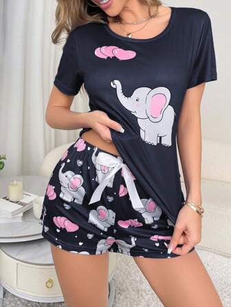 Süßer 2-teiliger Pyjama-Set für Frauen mit Elefant- und Herzprint