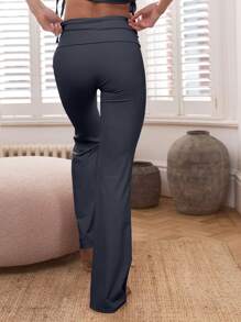 Musera Sport Fold Over Flare Active-Wear Yoga Pilates Trousers ,Padel, Tennis, Pickleball Gym Fitness - Dusty Blue - View 4