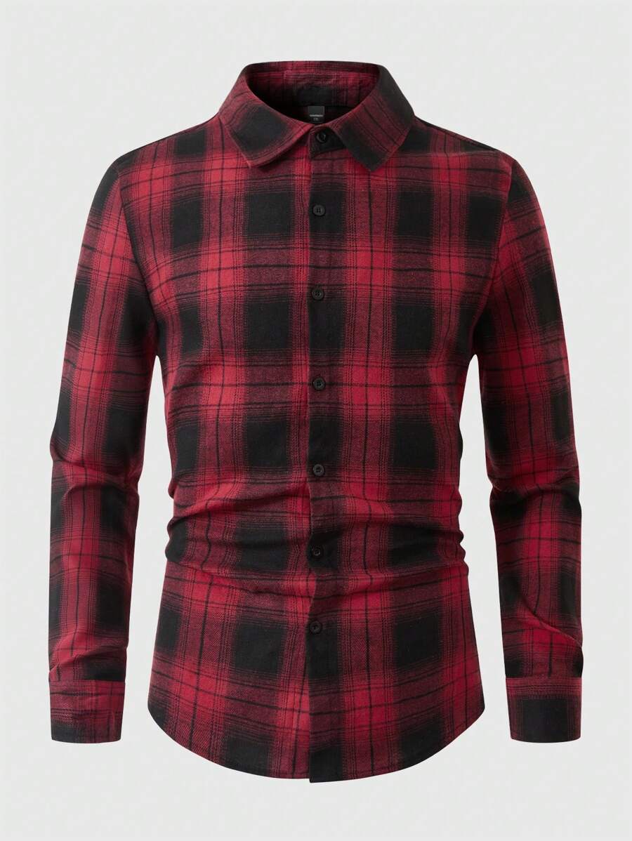 Manfinity Homme Plus Size Men Front Button Long Sleeve Plaid Simple Casual Shirt, Fall - Multicolor - View 1