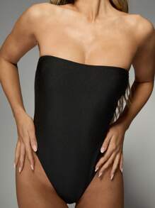 MISSGUIDED Strapless High Cut Bandeau Thong Bathing Suit Brazilian Summer Beach Wear High Leg Cut One Piece Swimsuit - Black - View 3