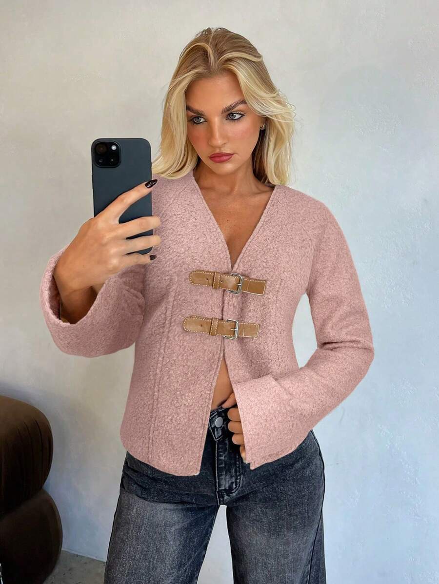 Aloruh Women's Autumn/Winter Open Front Woolen Coat With Buckle Closure - Pink - View 1