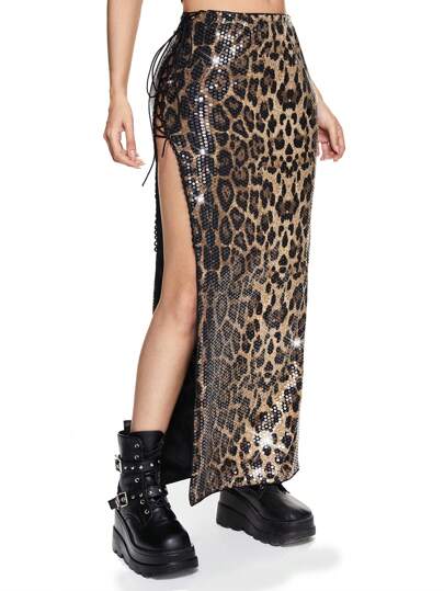 Grunge Punk Y2K Subculture Leopard Sequin Adjustable Side Tie Low Waist Bodycon Skirt For Women
