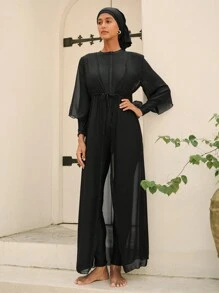 Swim Mulvari Burkini long à manches longues de couleur unie pour femmes, casual et pour le port quotidien en vacances à la plage d'été. Vêtement arabe - Noir - Voir 3