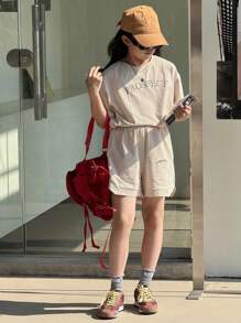 DAZY 2pcs/Set Tween Girls Casual Round Neck Short Sleeve Top And Shorts Set,Girls Summer Outfits,Back To School Clothes - Beige - View 3