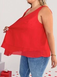 SHEIN CURVE+ CURVE PLUS /Valentine's Day/Plus Size Women's Solid Color Hem Asymmetric Multi-Layer Design Sleeveless Top Boho Vacation - Red - View 6
