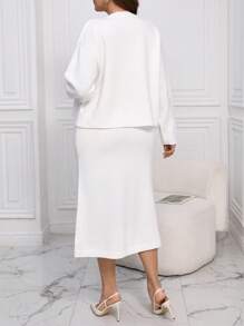 INAWLY Plus Size Women Solid Color Drop Shoulder Long Sleeve Knitted Cardigan And Knit Skirt Set, Autumn/Winter - White - View 2