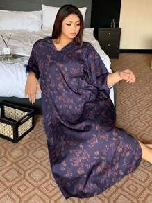 Dazy Petite Plus 碎花V领中长款睡袍，紫色，四季睡衣 - 紫色 - 查看 7