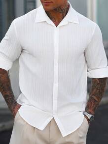 Manfinity Homme Men's Solid Color Button Front Long Sleeve Casual Shirt, Daily Wear - White - View 3