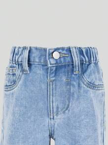 Young Girls' Light Blue Cute Pink Bow Print Elastic Waist Casual Wide Leg Washed Denim Pants Summer Holiday