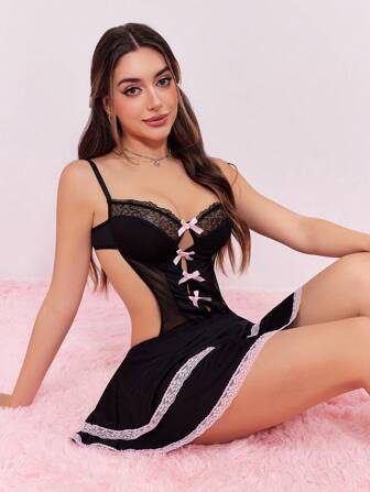 Kawaii Lace Patchwork Bowknot Two-Layer Skirt Maid Outfit Set