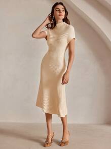 Anewsta Women's Ribbed Asymmetric Half-Turtleneck Fitted Pullover Knit Dress - Apricot - View 7