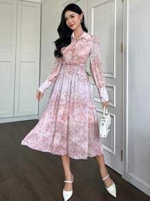 DAZY 一件女士中长款印花连衣裙，灯笼袖配腰带，优雅衬衫裙，秋季长袖连衣裙 - 粉色 - 查看 4