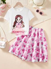 SHEIN Top a maniche corte lavorato a maglia con collo rotondo, elegante e maestoso, adatto a tutti i giorni, e gonna in tulle con motivo floreale delicato, per ragazze durante il Ramadan