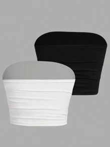 2 peças Tween Girl Backless Cami Tank Top, Branco e Preto, Cor Sólida, Versátil, Recortado, Apertado ao Corpo, Franzido, Sem Alças, Camisola Bandeau Fina Pode Ser Usada Casacos Top Tubo Top Sem Alças Babydoll Top Tubo Sem Alças Sutiã