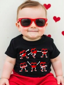 Valentine's Day Toddler Boys' Casual Fashion Creative Holiday Gesture Heart Pattern Printed Basic Short Sleeve T-Shirt, Family Matching Outfits (3 Pieces Sold Separately) - Black - View 3