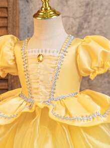 SHEIN Glamorique Kids Princess Dress, Birthday Party Wedding Holiday Ceremony Dress, Baby Girls Yellow Puff Sleeve Tulle Dress With Beading, Suitable For Stage Performance, Middle East & Europe Style, Formal Ball Gown, Satin Material With Silver Ribbons, All Season