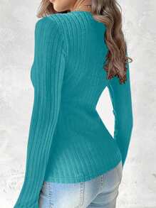 SHEIN LUNE Camiseta de cuello alto de manga larga de ajuste ceñido en color negro, elegante para usar en fiestas en invierno - Azul menta - Ver 2
