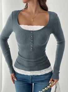 Chiquease Camiseta de cuello redondo de mujer con diseño de empalmado de encaje y terciopelo acanalado marrón, diseño de falso 2 piezas, para otoño/invierno