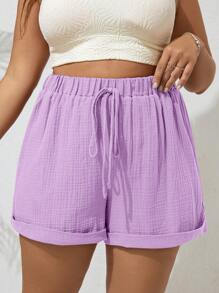 SHEIN VCAY Plus Size Solid Color Casual Shorts, Simple & Fashionable For Daily Wear - Mauve Purple - View 1