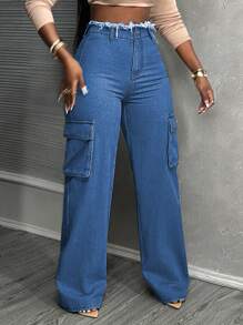 SHEIN Slayr 女式前扣口袋磨边下摆中腰直筒牛仔裤 - 淺色水洗藍 - 查看 7