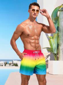 Manfinity Swimmode Shorts casuales de playa con bolsillo y nudo delantero en degradado para hombres, de ocio y vacaciones