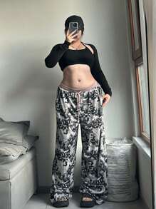 SHEIN EZwear 大码女式抽绳腰宽松迷彩印花休闲运动裤 - 彩色 - 查看 1