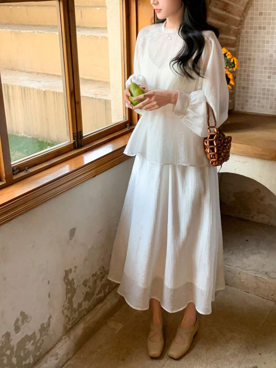 DAZY 2pcs Women Lace Splice Textured Long Sleeve Top Set Fall,Winter - White - View 1